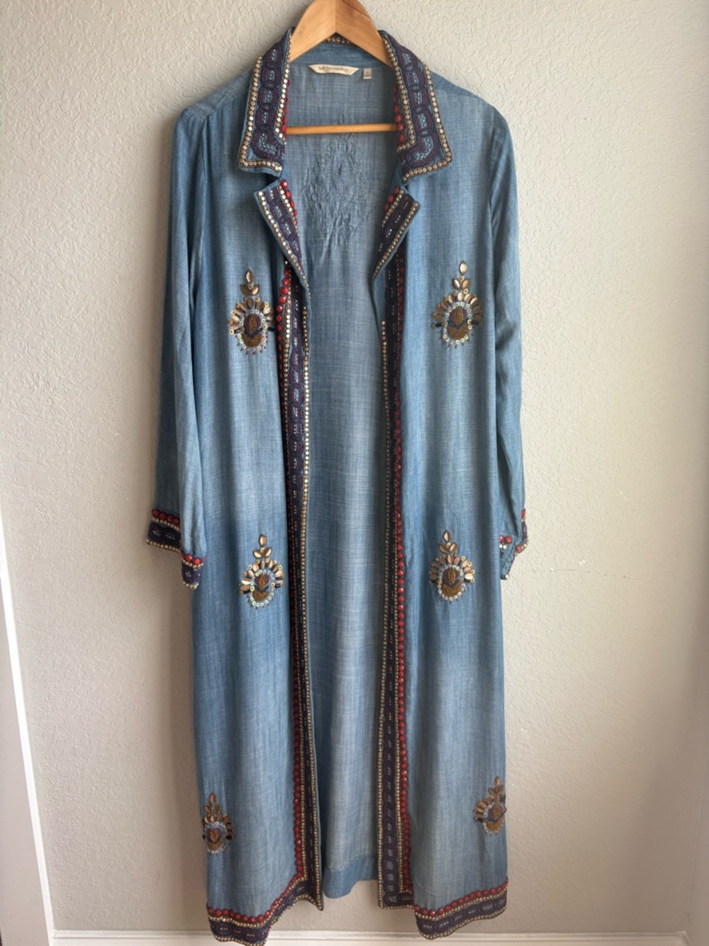 Soft Surroundings Noelia TENCEL Duster Embroidered Long Coat Boho Blue Size L